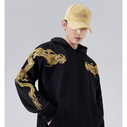 Autumn and winter trendy brand national trend retro yoke dragon embroidered hooded sweatshirt for men and girls for couples - SkyeDragon Gifts