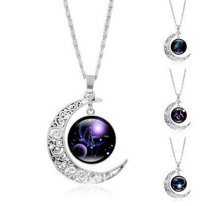 Zodiac Time Gem Luminous Necklace for Women, Simple Silver Moon Pendant Choker - SkyeDragon Gifts