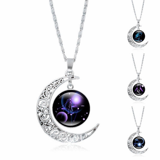 Zodiac Time Gem Luminous Necklace for Women, Simple Silver Moon Pendant Choker - SkyeDragon Gifts
