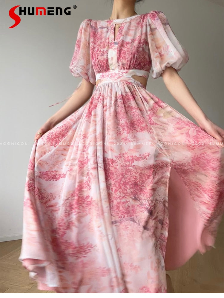 French Art Print Aesthetic Mid Dress Female Summer New Fairy Lantern Short Sleeve Premium Midriff Sakura Long Dress