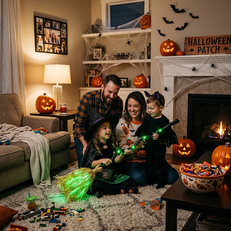 Glowing Witch Broom Halloween Decoration with Lights Sound and Auto Bounce