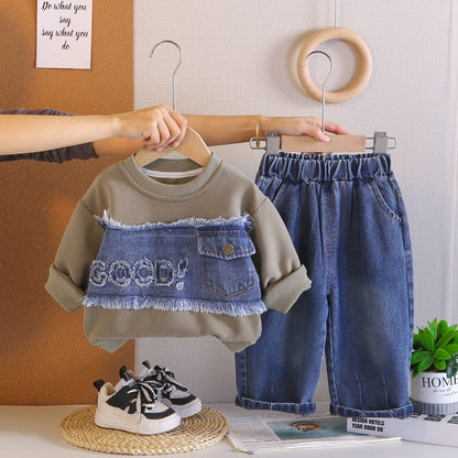 Splicing denim letter hoodie spring long sleeved two-piece set - SkyeDragon Gifts