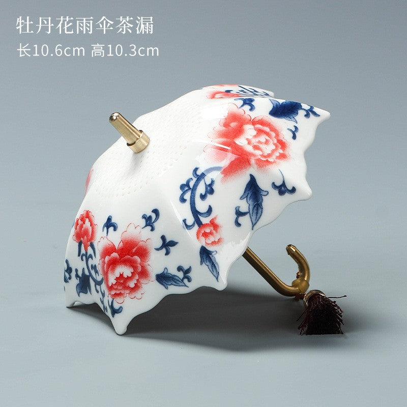 Blue & White Porcelain Umbrella Tea Strainer with Tassel – Chinese Style Ceramic Tea Filter - SkyeDragon Gifts