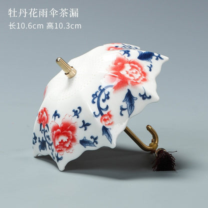 Blue & White Porcelain Umbrella Tea Strainer with Tassel – Chinese Style Ceramic Tea Filter - SkyeDragon Gifts