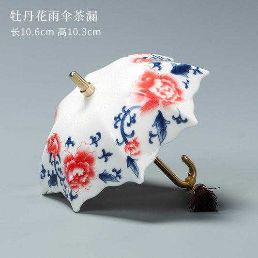 Blue & White Porcelain Umbrella Tea Strainer with Tassel – Chinese Style Ceramic Tea Filter - SkyeDragon Gifts