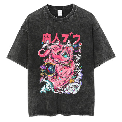 Water washed retro T-shirt street hip-hop anime dragon bead cartoon print graphic casual cotton summer short  sleeved - SkyeDragon Gifts