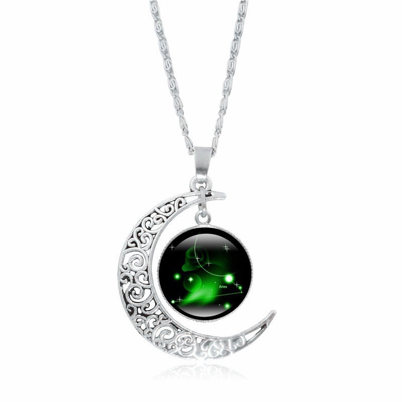 Zodiac Time Gem Luminous Necklace for Women, Simple Silver Moon Pendant Choker - SkyeDragon Gifts