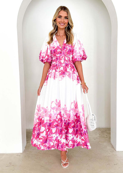 Strap print fairy style medium long style dress with a large swing for women