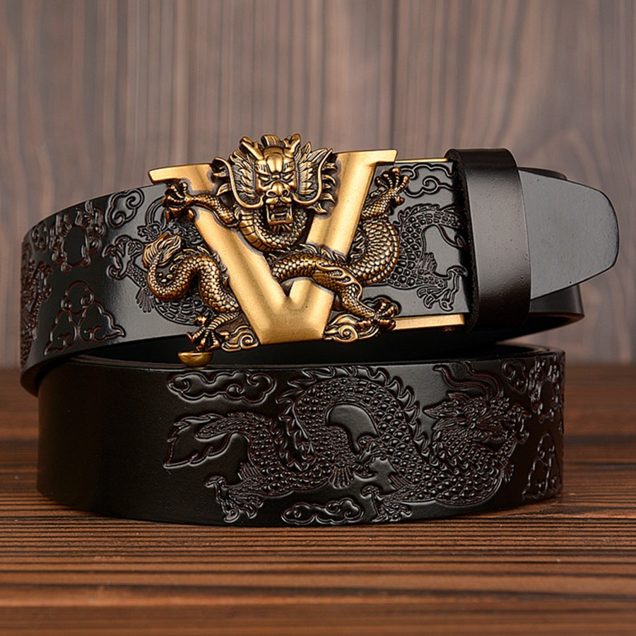 Male Chinese Dragon Belt Cowskin Genuine Leather Belt for Men Carving Dragon Pattern Automatic Buckle Belt Strap - SkyeDragon Gifts