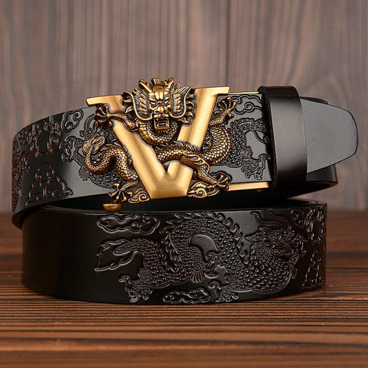 Male Chinese Dragon Belt Cowskin Genuine Leather Belt for Men Carving Dragon Pattern Automatic Buckle Belt Strap - SkyeDragon Gifts