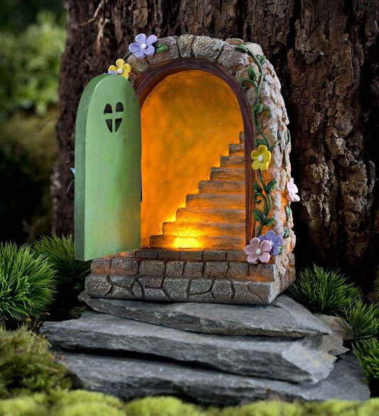 Resin Ornaments Garden Home Decoration Resin Crafts Fairy Garden Stone Gate Stairs Solar Luminous Courtyard