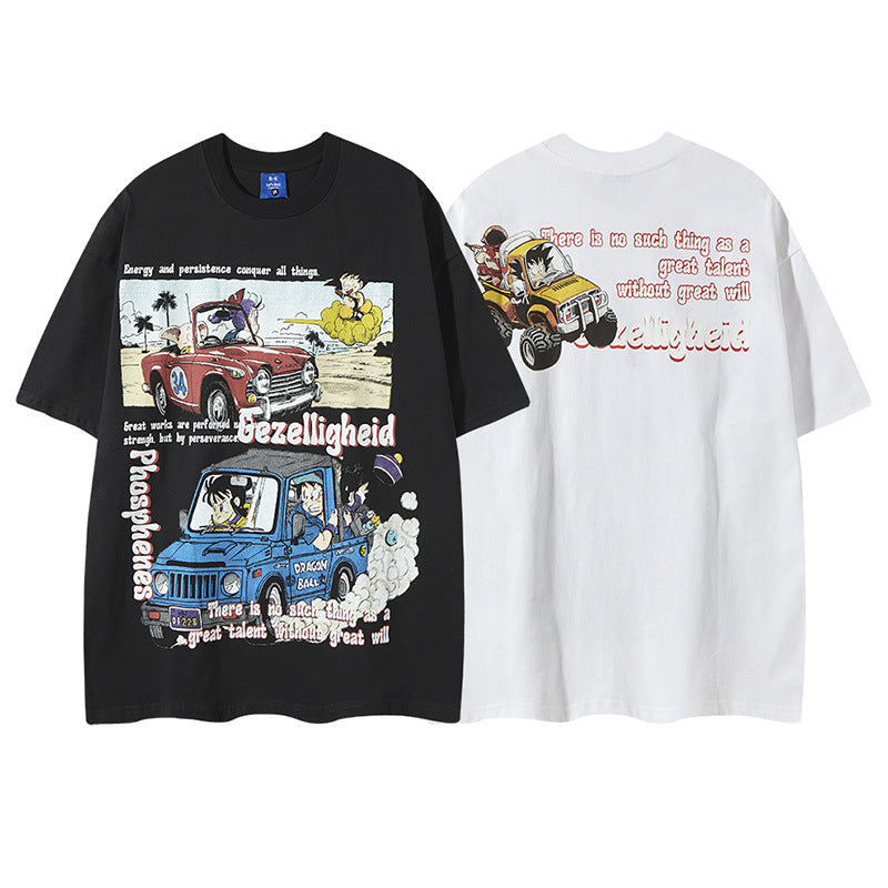 Retro Dragon Ball Theme Printed Short Sleeve T-Shirt Men's Loose Casual Versatile Couple Top - SkyeDragon Gifts