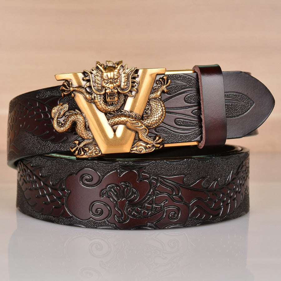 Dragon Embossed Leather Belt – Handcrafted V-Dragon Automatic Buckle - SkyeDragon Gifts
