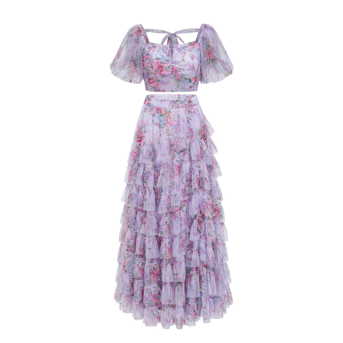 Womens Floral Embroidered Crop Top High Waist Maxi Skirt Set