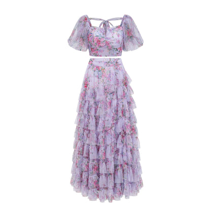 Womens Floral Embroidered Crop Top High Waist Maxi Skirt Set