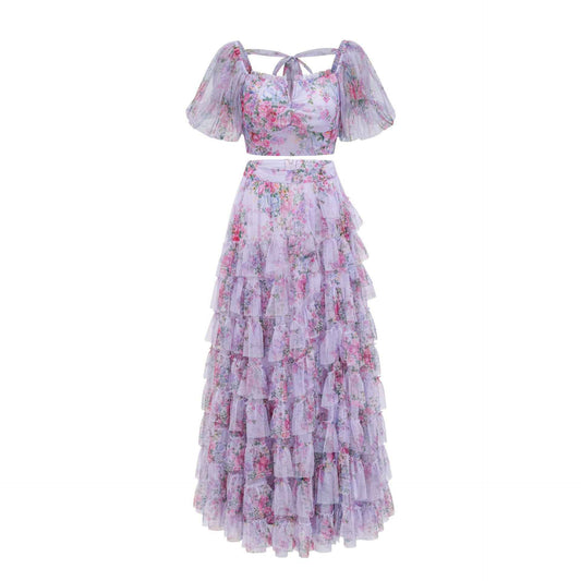 Womens Floral Embroidered Crop Top High Waist Maxi Skirt Set