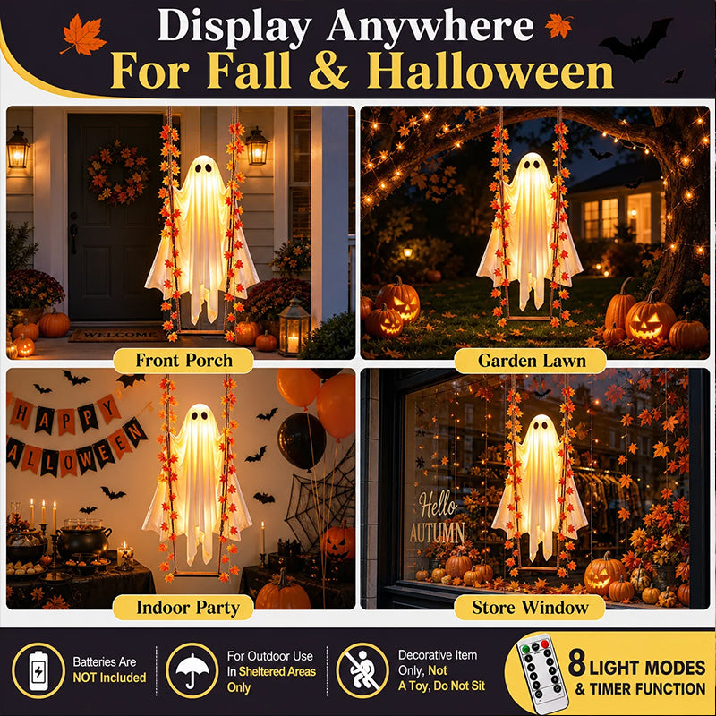 LED Halloween Hanging Ghost Decoration With Remote Control And 8 Lighting Modes