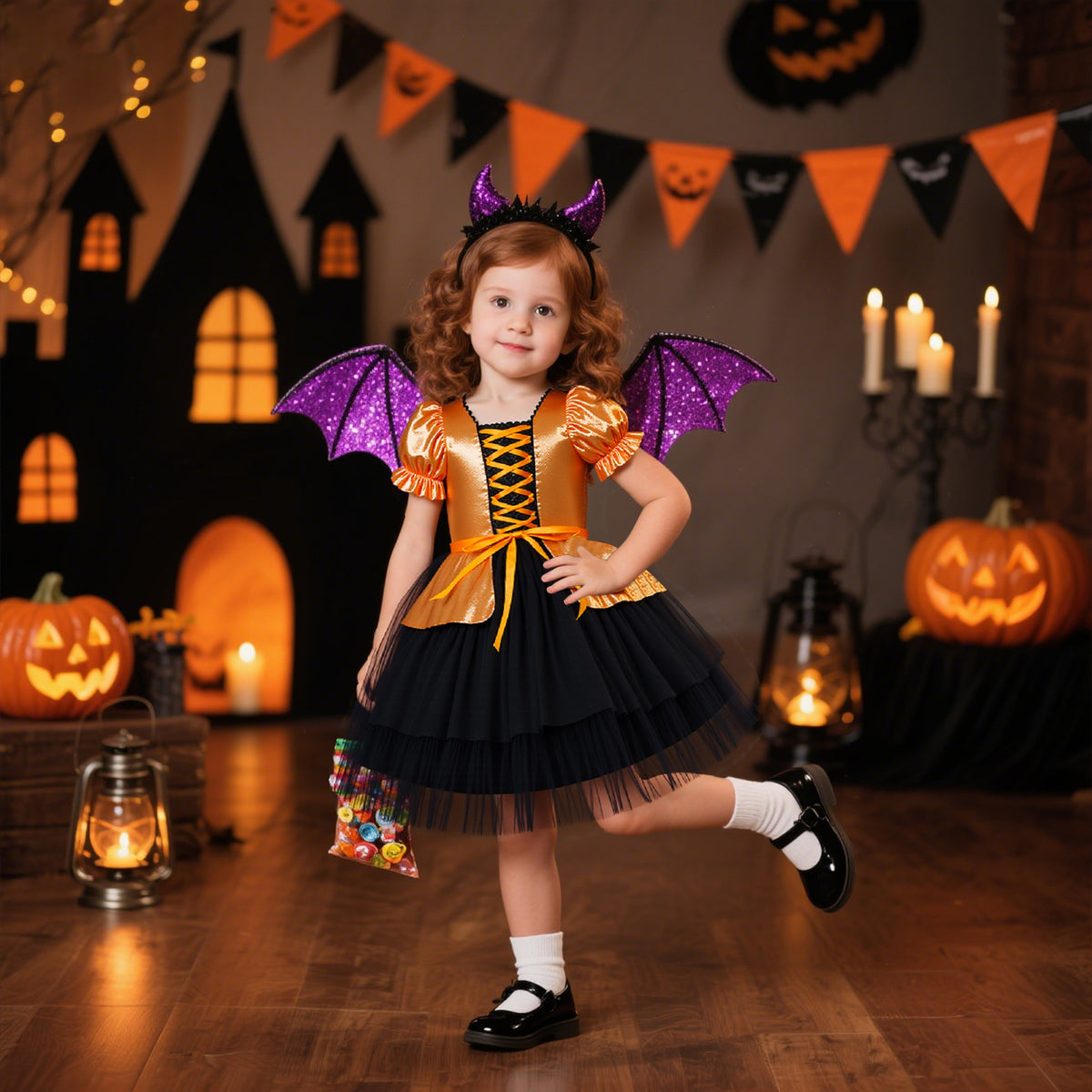 Fairy Tale Princess Dress for Girls Halloween Costume Puff Sleeve Ball Gown with Bowknot Tulle Skirt