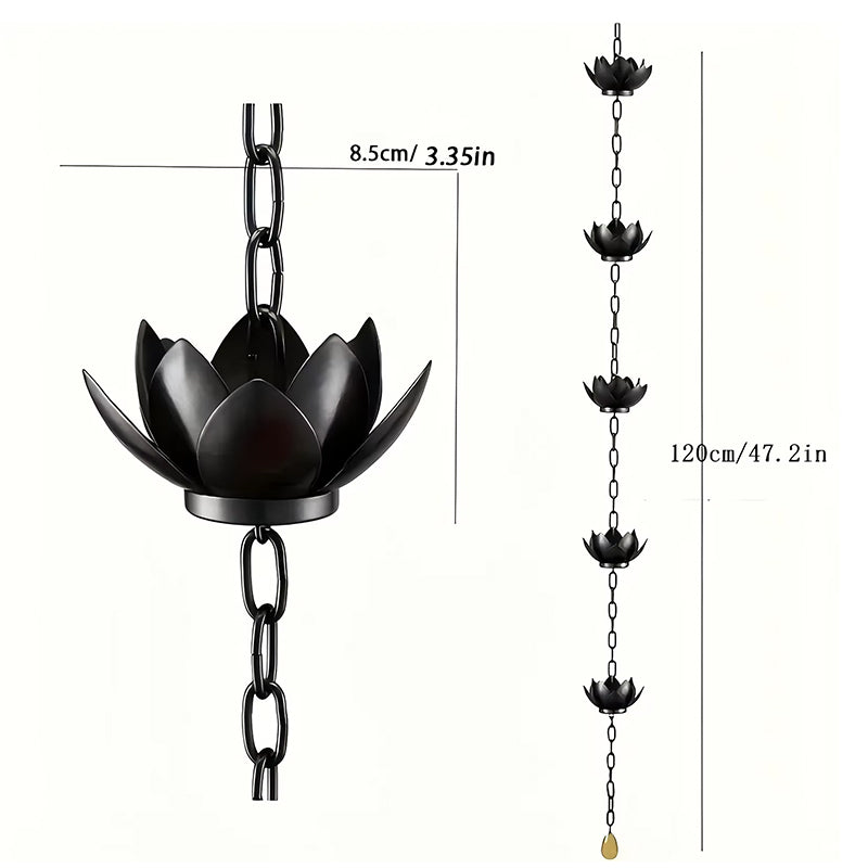 Metal Lotus Rain Chain for Gutters, 8.5ft Decorative Downspout Extension, Garden Outdoor Water Feature, Rust Resistant - SkyeDragon Gifts