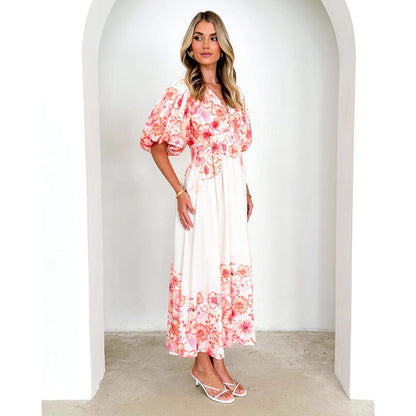Strap print fairy style medium long style dress with a large swing for women