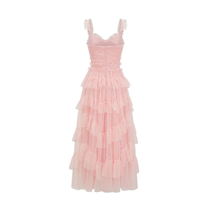 Sweet and Cute Strapless Dress V-neck High Waist Tiered Skirt Lolita Fairy Dress