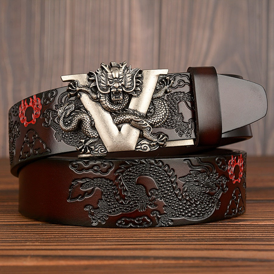 Male Chinese Dragon Belt Cowskin Genuine Leather Belt for Men Carving Dragon Pattern Automatic Buckle Belt Strap - SkyeDragon Gifts