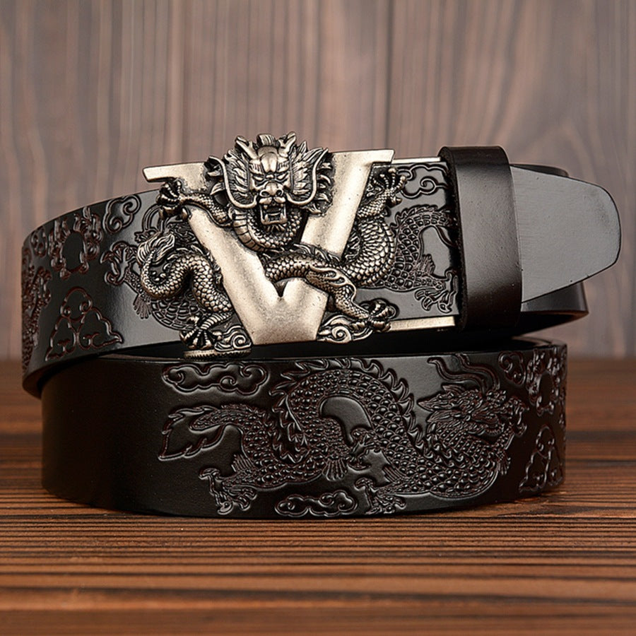 Male Chinese Dragon Belt Cowskin Genuine Leather Belt for Men Carving Dragon Pattern Automatic Buckle Belt Strap - SkyeDragon Gifts