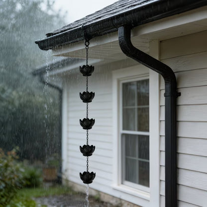 Metal Lotus Rain Chain for Gutters, 8.5ft Decorative Downspout Extension, Garden Outdoor Water Feature, Rust Resistant - SkyeDragon Gifts