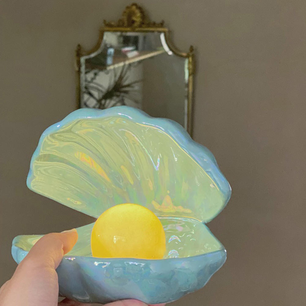 Mermaid Shell Pearl Night Light – Ceramic Bedside Lamp - SkyeDragon Gifts