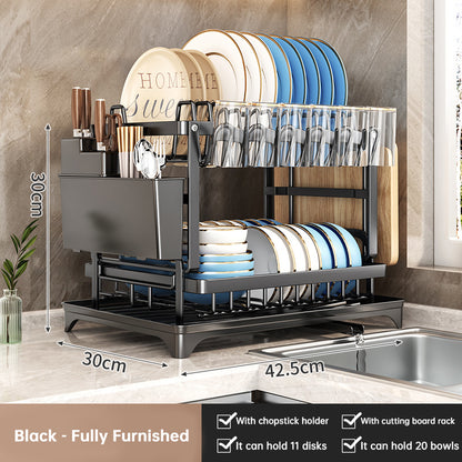 2-Tier Large Capacity Dish Drying Rack, Rustproof Carbon Steel Kitchen Sink Drainer with Cutting Board & Utensil Holder - SkyeDragon Gifts