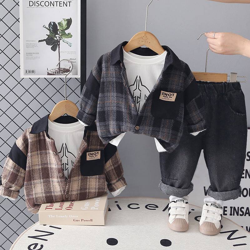 Splicing plaid long sleeved three piece set for baby boys - SkyeDragon Gifts