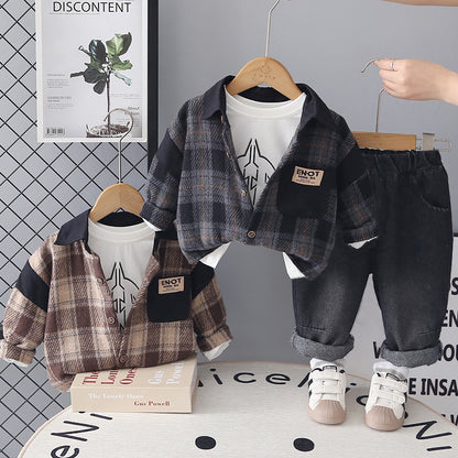 Splicing plaid long sleeved three piece set for baby boys - SkyeDragon Gifts