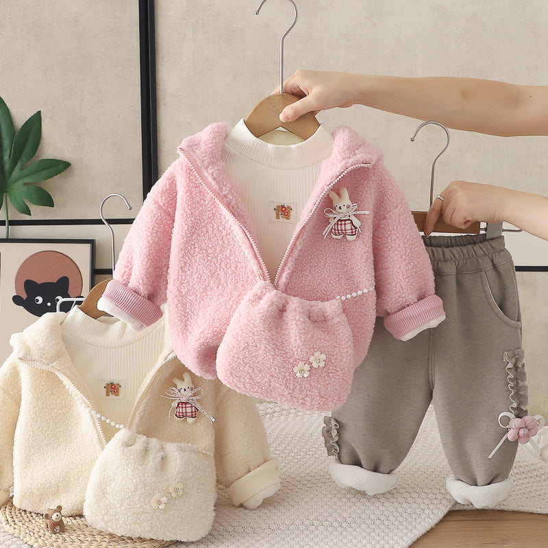 Girls' Floral Rabbit Print Fleece Lined Winter Three-Piece Set