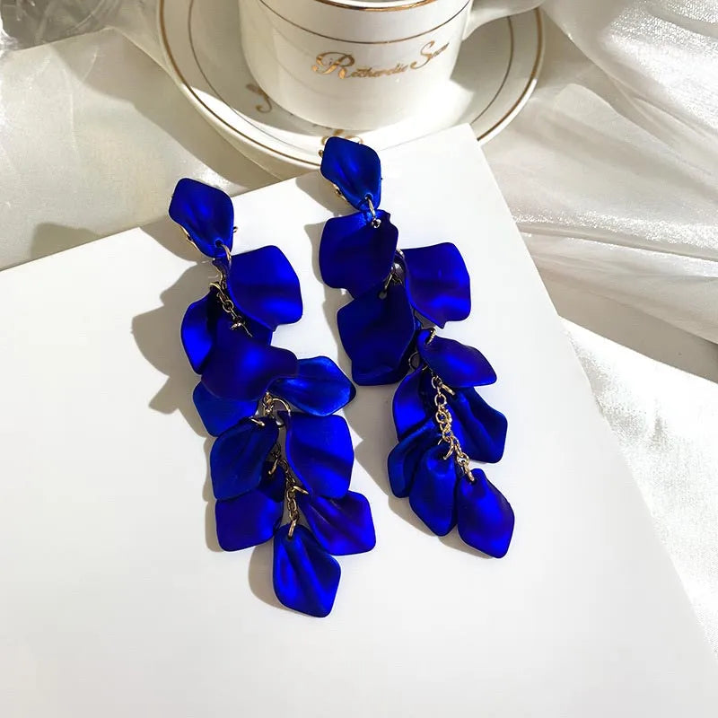 Dark Blue Green Beautiful Exaggerated Fairy Flower Petal Tassel Earrings Trendy Western Earrings Womens Pendent Jewelry