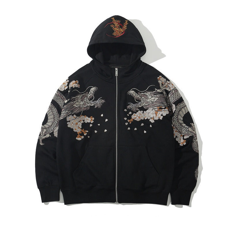 Sweatshirt men green dragon embroidered hooded top Japanese fashion versatile autumn and winter sweatshirt jacket - SkyeDragon Gifts