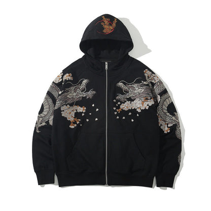 Sweatshirt men green dragon embroidered hooded top Japanese fashion versatile autumn and winter sweatshirt jacket - SkyeDragon Gifts