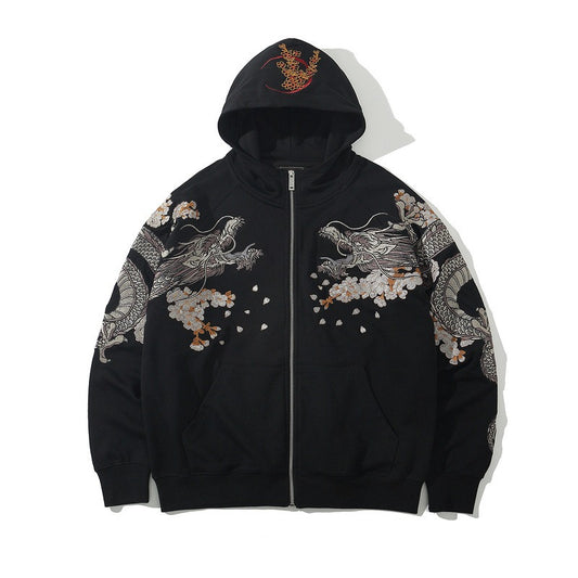 Sweatshirt men green dragon embroidered hooded top Japanese fashion versatile autumn and winter sweatshirt jacket - SkyeDragon Gifts