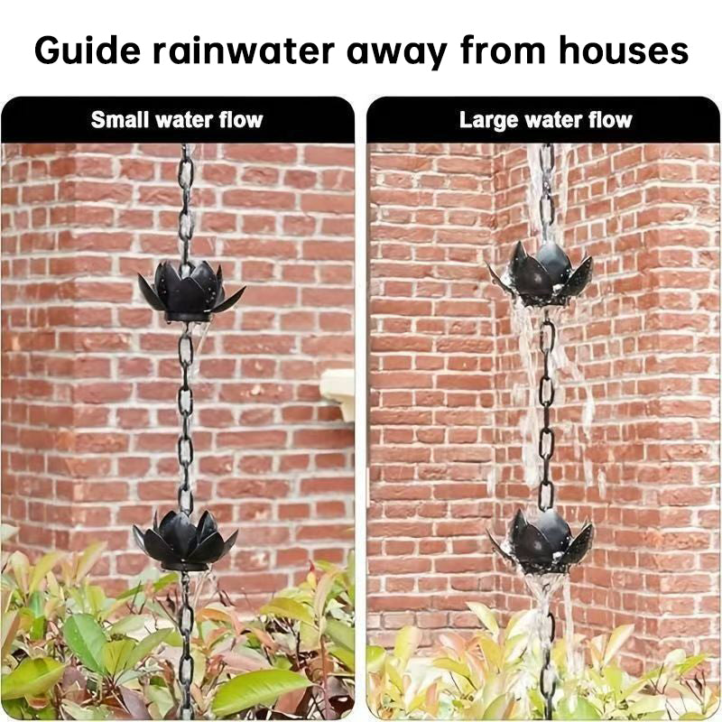 Metal Lotus Rain Chain for Gutters, 8.5ft Decorative Downspout Extension, Garden Outdoor Water Feature, Rust Resistant - SkyeDragon Gifts