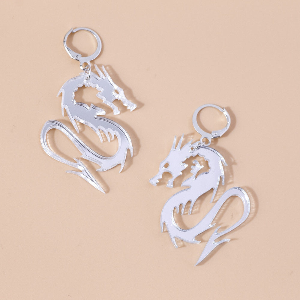 Chinese Style Metal Arcylic Dragon Earrings Punk Cool Gold Silver Color Mirror Surface Animal Drop Earrings for Women Jewelry - SkyeDragon Gifts