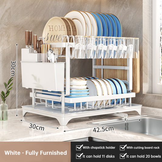 2-Tier Large Capacity Dish Drying Rack, Rustproof Carbon Steel Kitchen Sink Drainer with Cutting Board & Utensil Holder - SkyeDragon Gifts