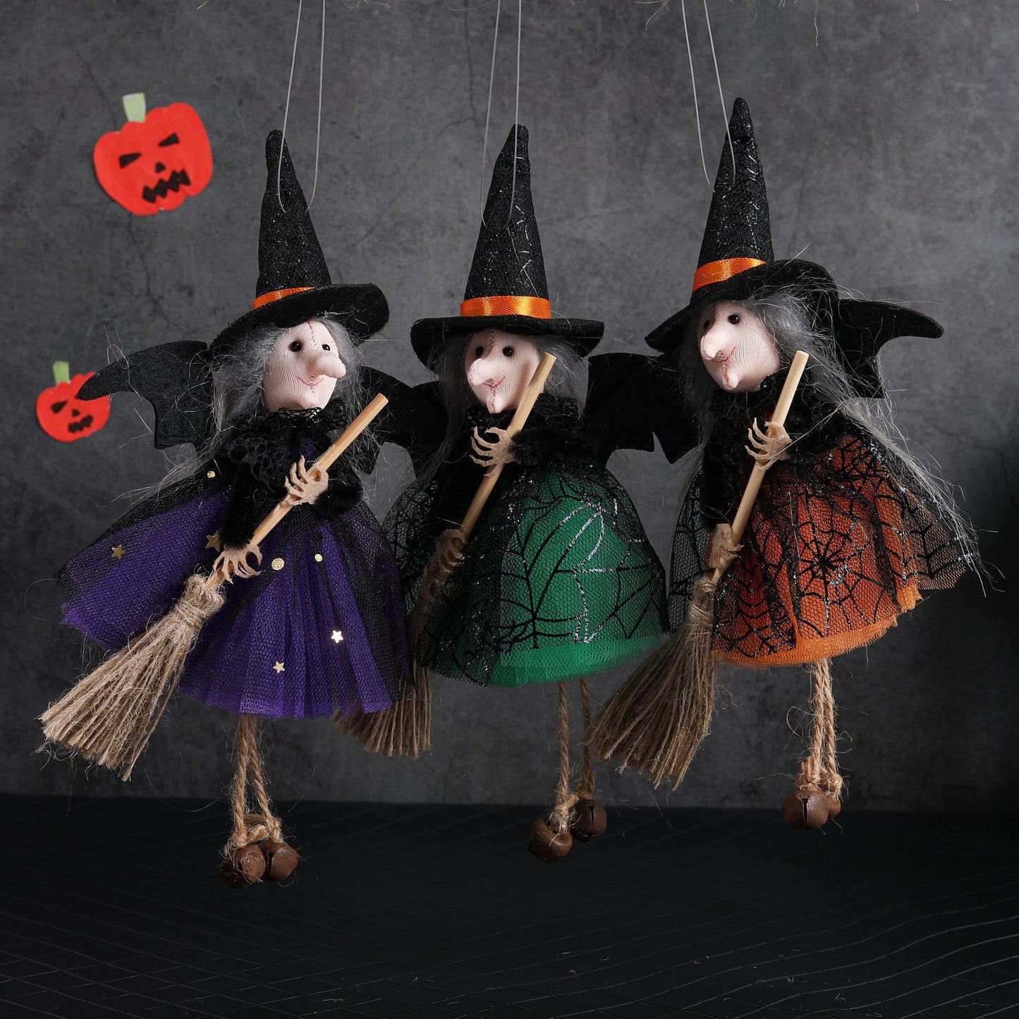 New Halloween Hanging Decoration Witch Holding Broom Tulle Skirt Pendant Toy Bar Horror Hanging Ornament Prank - SkyeDragon Gifts