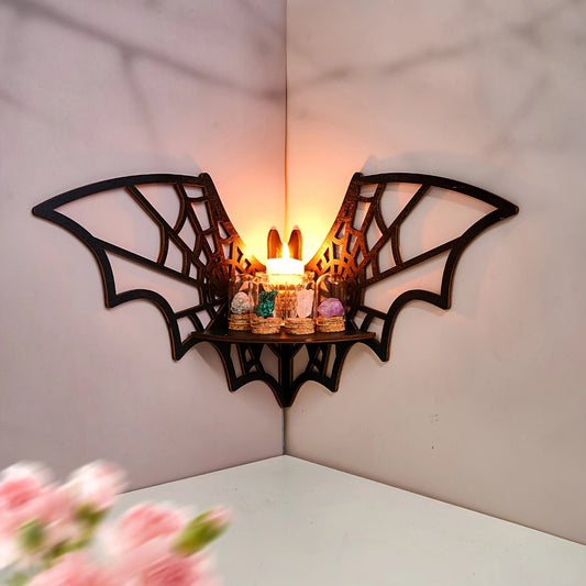 Wooden Bat Spider Web Right Angle Corner Shelf for Bedroom and Bathroom Storage Rack - SkyeDragon Gifts