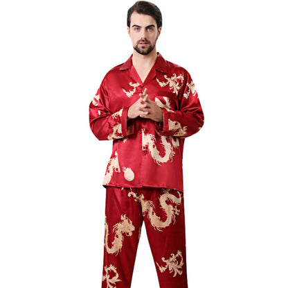 Simulated silk couple sleepwear new long sleeved set men's and women's V-neck silk printed dragon and phoenix home clothes - SkyeDragon Gifts