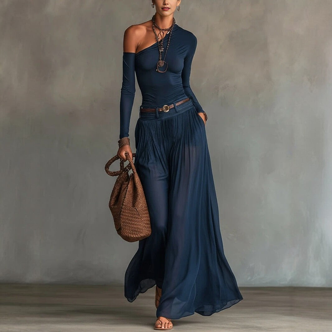Fashionable Simple Solid Color Asymmetrical Shoulder Long Sleeve Casual Set with Belted Long Dress - SkyeDragon Gifts