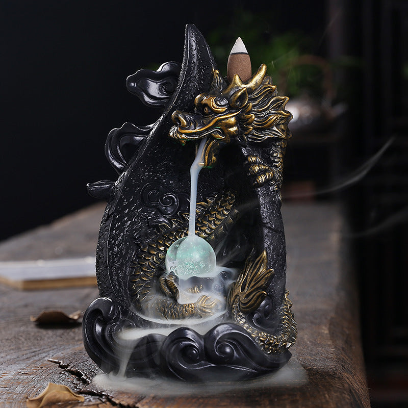 Resin Smoke Backflow Aromatherapy Furnace Creative Large Dragon LED Light Waterfall Backflow Incenseware Handicraft Ornaments
