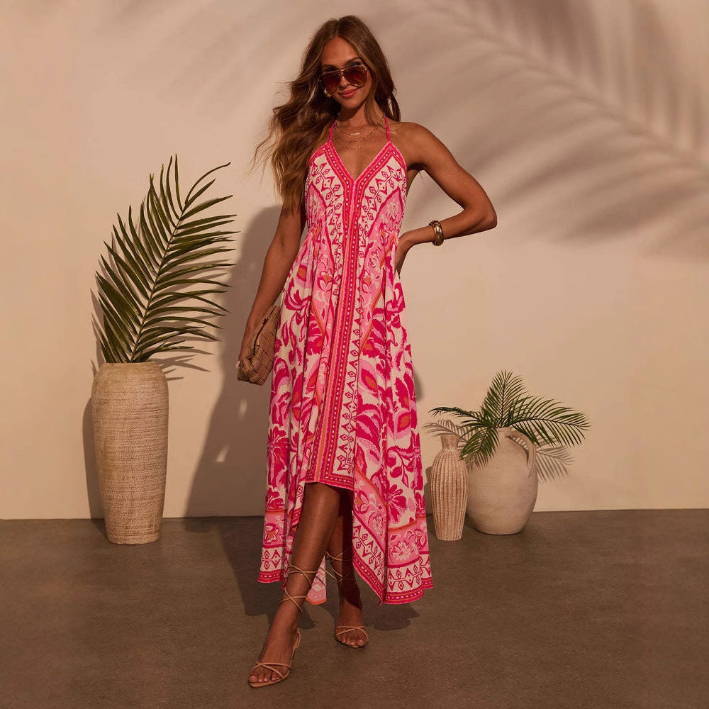 Printed fairy style long dress with elegant temperament big swing dress for women