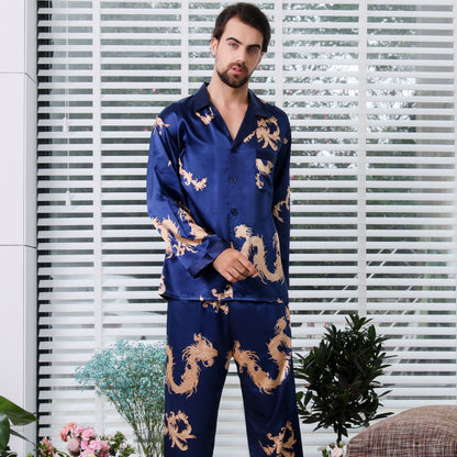 Simulated silk couple sleepwear new long sleeved set men's and women's V-neck silk printed dragon and phoenix home clothes - SkyeDragon Gifts