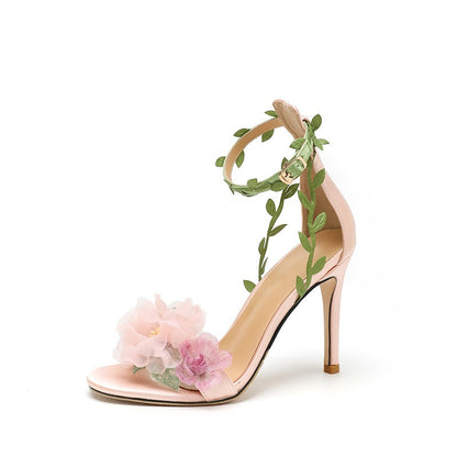 Pink pastoral chiffon flower fantasy high heels one-line vine strap sandals for women - SkyeDragon Gifts