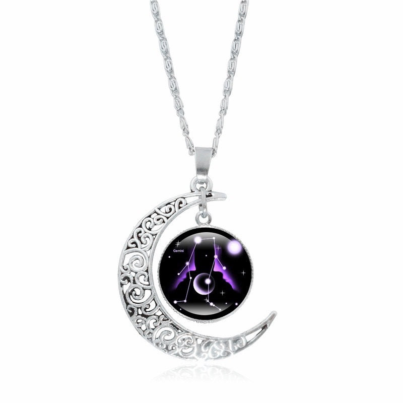 Zodiac Time Gem Luminous Necklace for Women, Simple Silver Moon Pendant Choker - SkyeDragon Gifts
