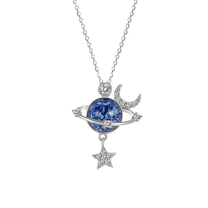 Fantasy Universe Planet Necklace with Small Design Sense Star Moon Set Zirconia Lock Bone Chain Necklace - SkyeDragon Gifts